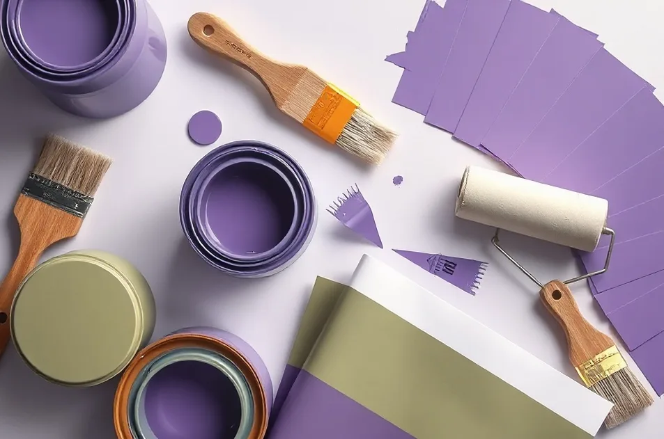 Pots de peinture, nuancier, brosses et rouleaux disposés à plat