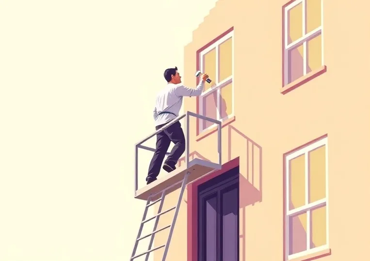Peintre sur échafaudage traitant la façade d'une maison