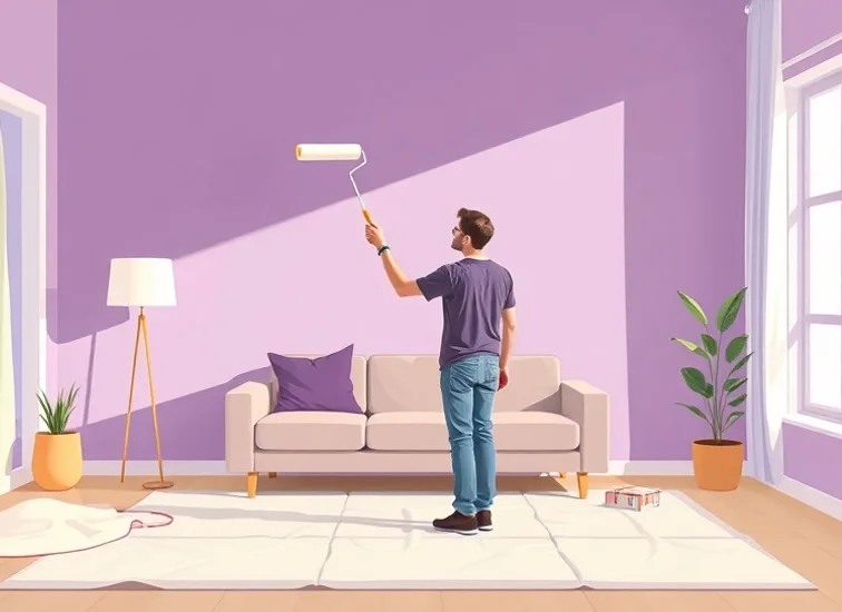 Peintre appliquant la peinture au rouleau sur un mur de salon